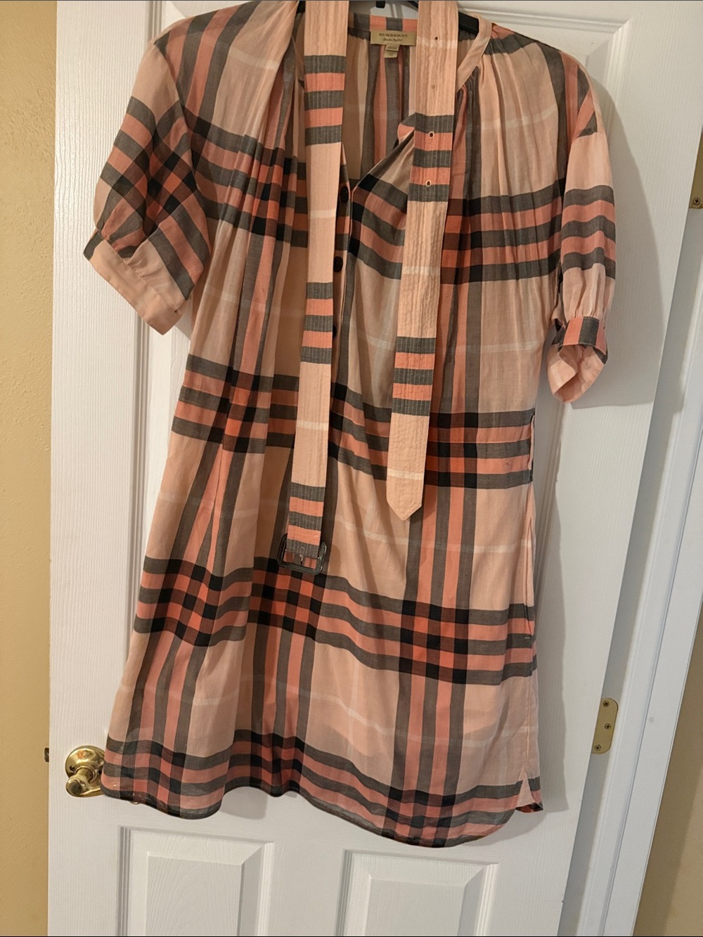 Burberry Peach and Black Plaid Short-Sleeve Dress with Neck Tie